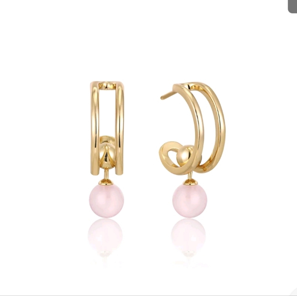 Ania Haie Orb Rose Quartz Stud Mini Hoop Earring Gold-Plated Sterling Silver New